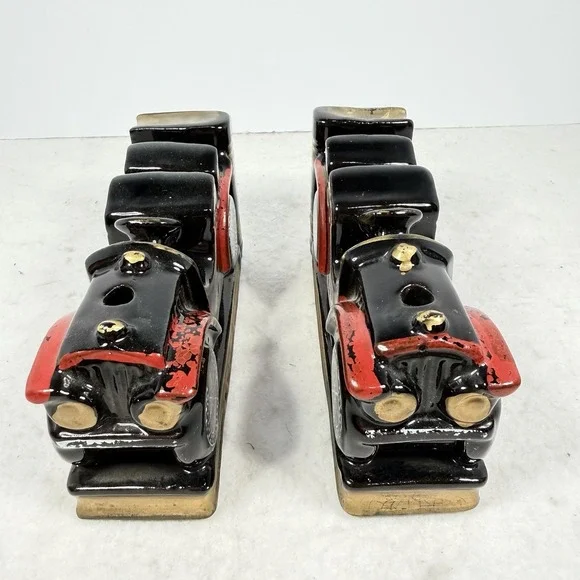 Vintage Japan Ceramic Antique Car Bookends Red Black Gold 6"x3" Pair - Picture 2 of 7